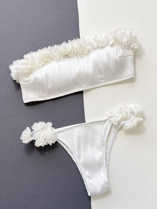 White Flower Embroidery Strapless Bikinis