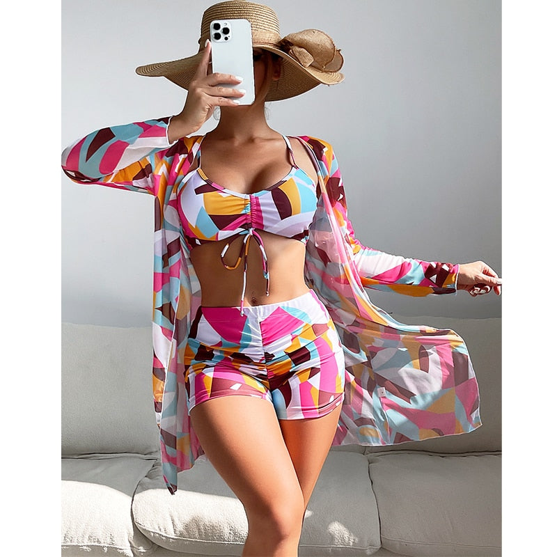 3 Piece Halter Scrunch Bikini w Kimono