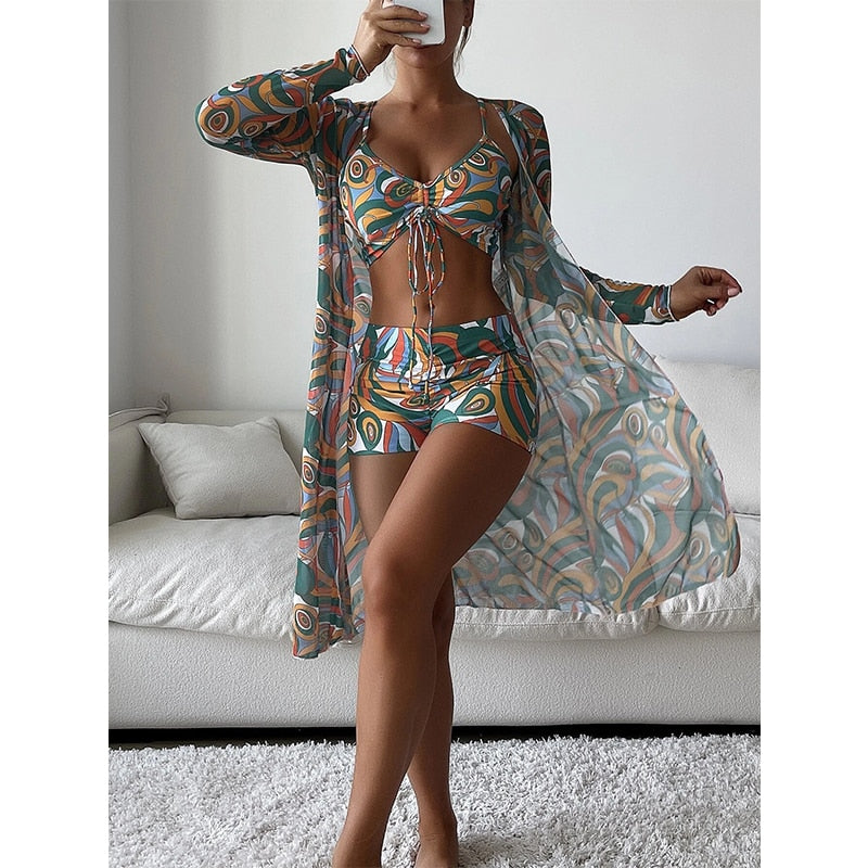 3 Piece Halter Scrunch Bikini w Kimono